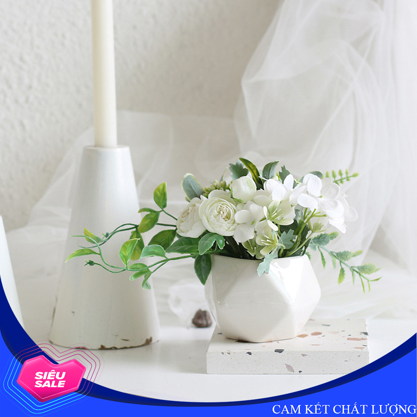 Hoa giả trang trí để bàn, hoa cẩm tú cầu, chậu hình lục lăng bằng sứ - HF003  (nhiều màu lựa chọn)