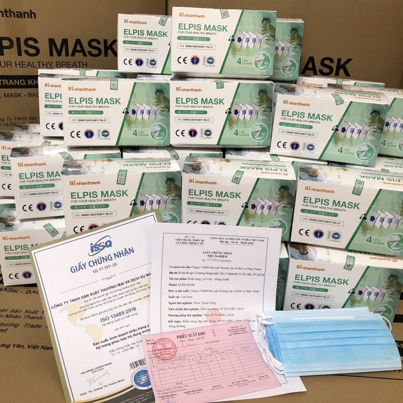 CHÍNH HÃNG - Khẩu trang y tế 4 lớp Hộp 50 cái màu xanh - Elpis mask - Vải kháng khuẩn
