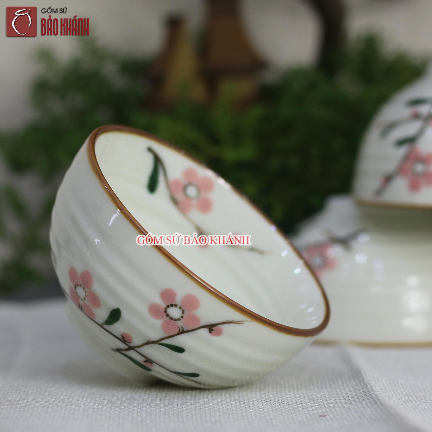 Bát ăn cơm men kem vẽ hoa đào - bộ bát cơm, chén cơm, chén ăn cơm cao cấp
