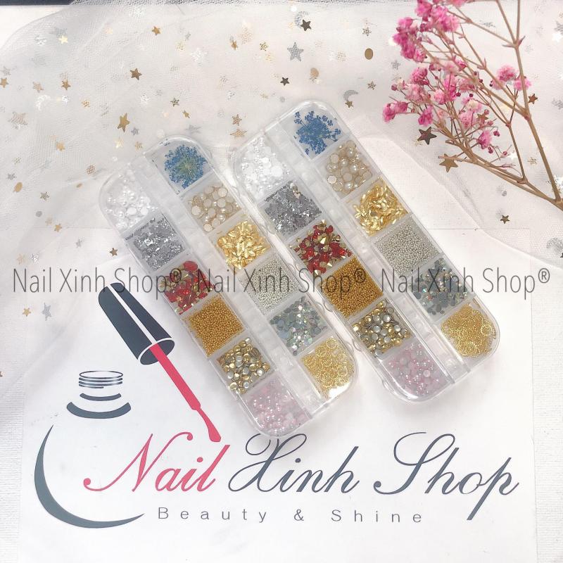Khay nail 12 ô phụ kiện trang trí móng tay, phụ kiện nail cao cấp( phụ kiện nail kim loại mix )