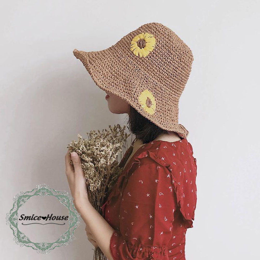Hats seagrass soft embroidery sunflowers beach hat papyrus Daisy ring width can folding compact wired adjustable size