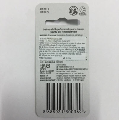 Pin A27 Energizer 12v  Pin remote cửa cuốn
