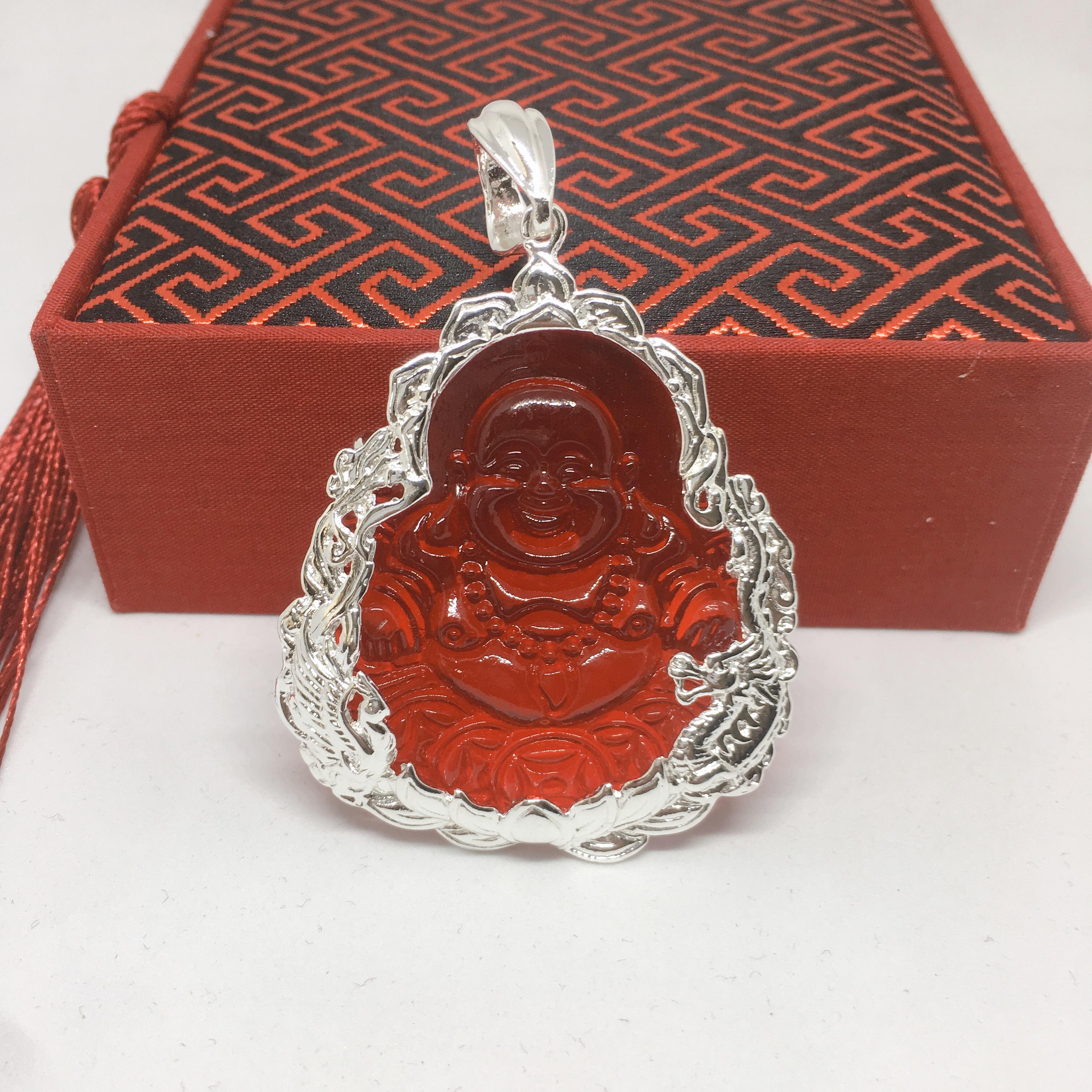 Hàng Cao Cấp Mặt Dây Chuyền Vip Bạc Thái Di Lạc Đá Obsidian Bọc Rồng Phượng, Mặt Dây Chuyền Bạc Ý, Dây Chuyền Phong Thủy ( Màu Đỏ)