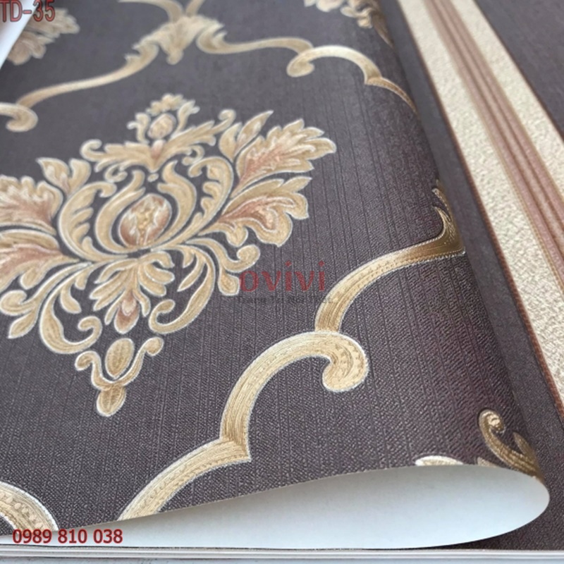 Giấy Dán tường Hoa Văn Cổ Điển Châu Âu, Phòng Khách, Phòng Ngủ, Lụa Không Keo, Khổ 10m x 53cm, Màu vàng, Màu Trắng, Nâu, Đỏ