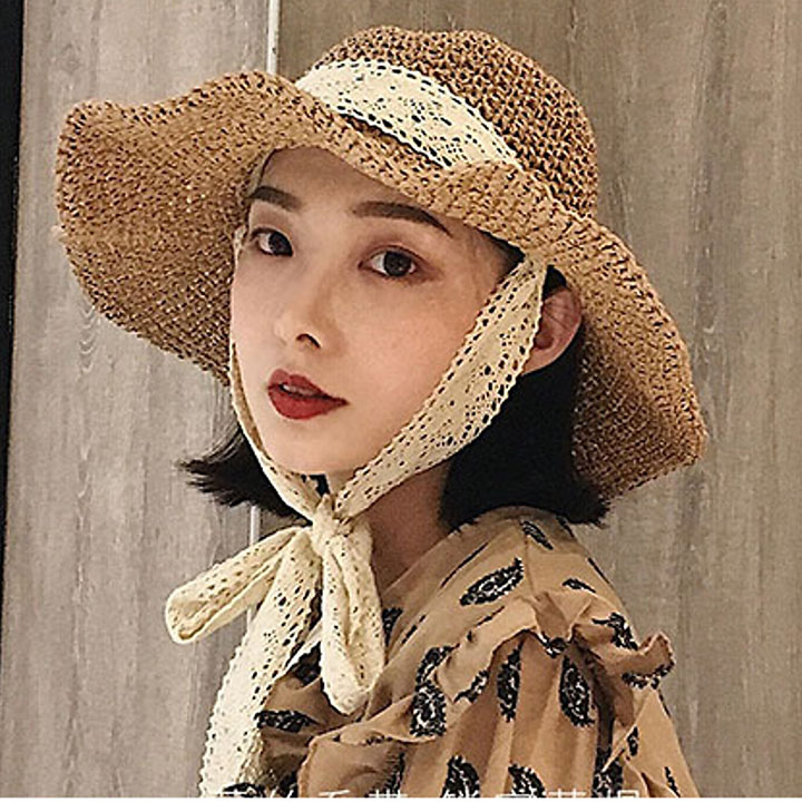 Hats seagrass soft bow lace beach style vintage can compact folding large brim hat for female