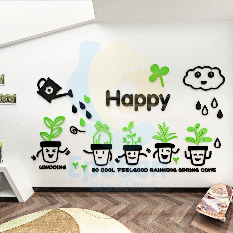 Tranh mica EPeBen dán tường nổi 3d hình khu vườn vui vẻ happy cây mưa decor trang trí mầm non, phòng cho bé