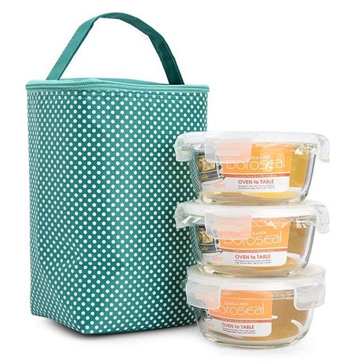 Combo 3 Hộp thủy tinh chịu nhiệt Lock&Lock LLG822 400ml tặng kèm túi giữ nhiệt