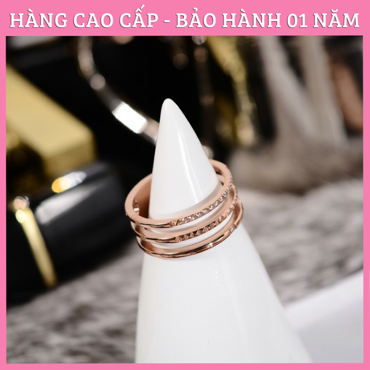 Nhẫn Nữ, Nhẫn Titan Ko Đen Mẫu 3 Hàng Đính Đá Cá Tính
