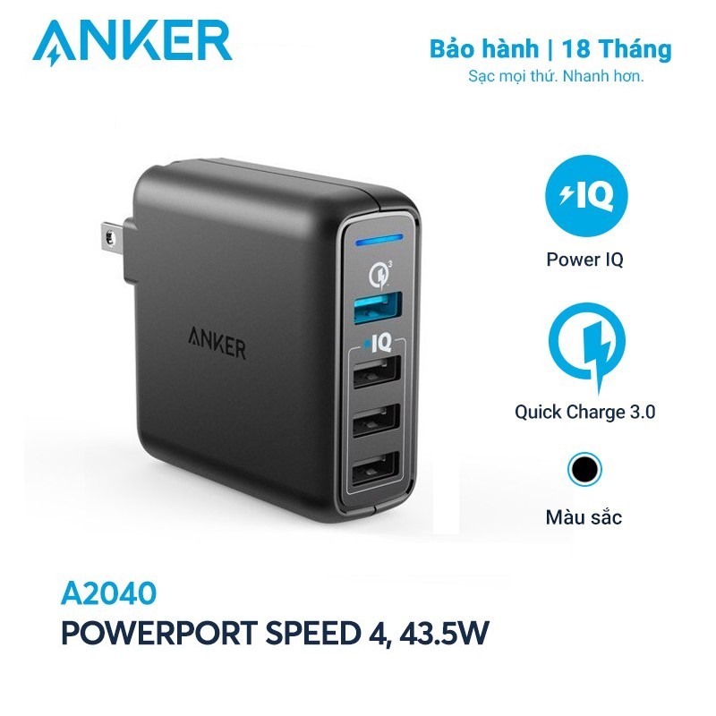 Sạc ANKER PowerPort Speed 4 cổng 43.5w, 1 Quick Charge 3.0 - A2040 - Hàng Chính Hãng