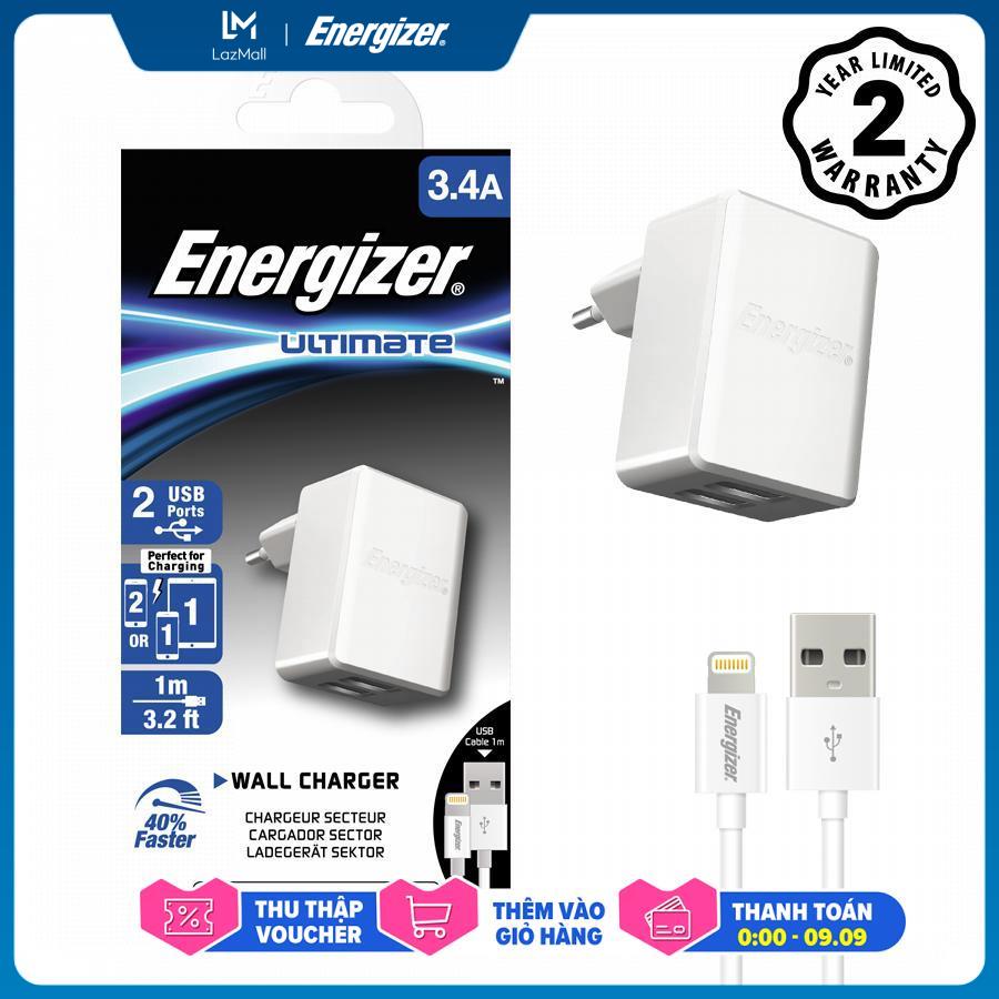 Sạc Energizer 3.4A 2USB màu trắng kèm cáp Lightning - ACA2CEUULI3