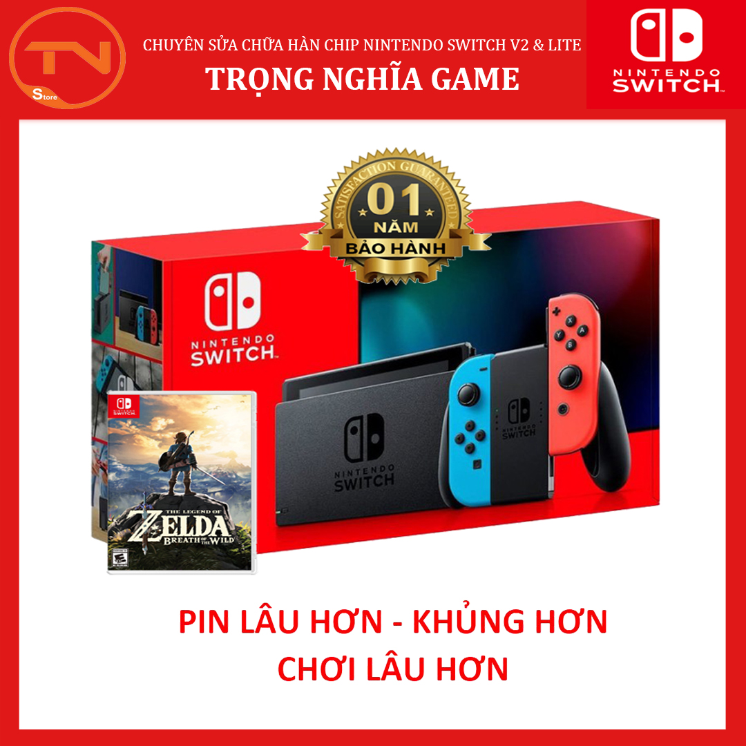 Máy Chơi Game Nintendo Switch New Model Aeon Blue and Neon Red Joy‑Con [Pin Lâu Hơn]+The Legend Of Zelda: Breath Of The Wild Tặng Dán Cường Lực