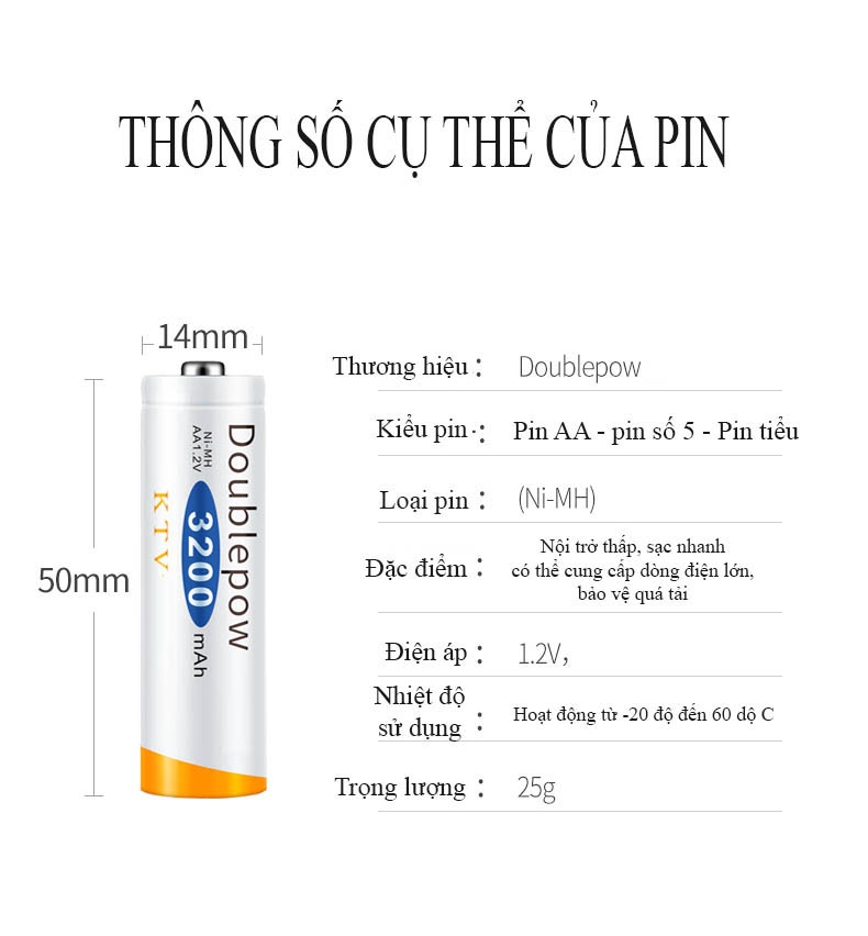 [Hộp 4 viên] Pin sạc AA 3200mAh Doublepow - chuyên dùng Micro, KTV- (màu cam)
