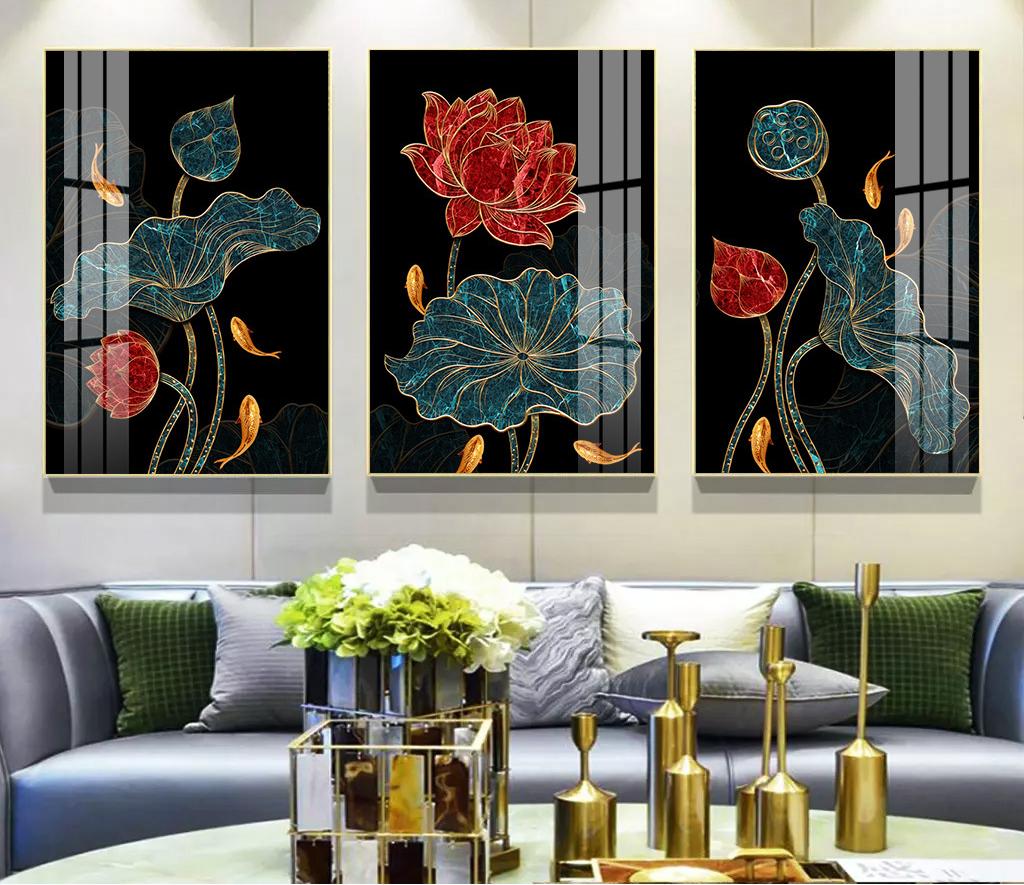 Tranh treo tường bộ 3 hoa sen đẹp phủ bóng gương 3D Công nghệ mới hiện đại Tipo0248TG