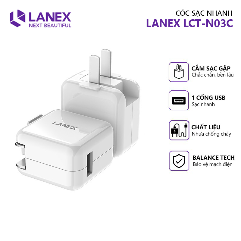 Cóc sạc nhanh Lanex LCT-N03C 1 cổng USB 2.1A, nhựa ABS, tương thích nhiều thiết bị