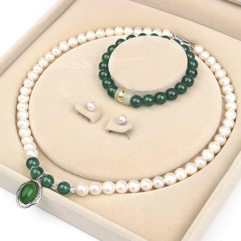 [FreeshipMAX] Bộ vòng cổ + vòng tay + đôi bông ngọc trai tự nhiên mix đá ngọc bích 10 mm