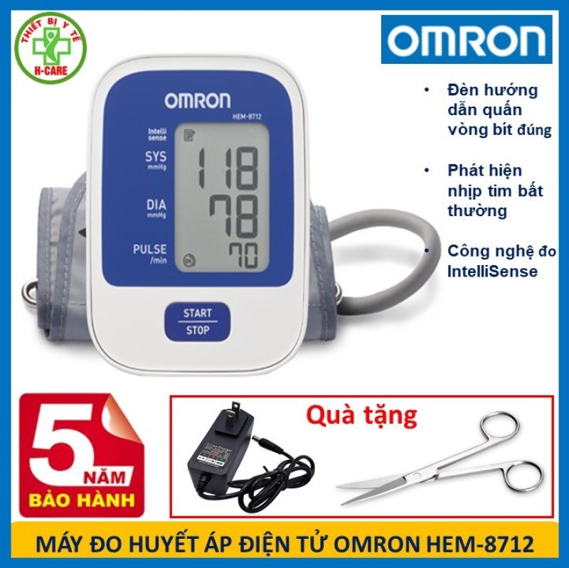Máy đo huyết áp điện tử bắp tay Nhật bản Omron HEM-8712 - Dụng cụ đo huyết áp, nhịp tim cho kết quả nhanh chóng, chính xác - Tặng bộ đổi nguồn và kéo cắt chỉ y tế TBYT H-care] nhập khẩu