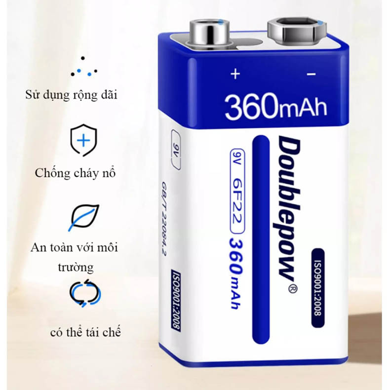 Pin sạc 9V 6F22 -  360mAh (loại pin vuông) Doublepow - Pin chuẩn