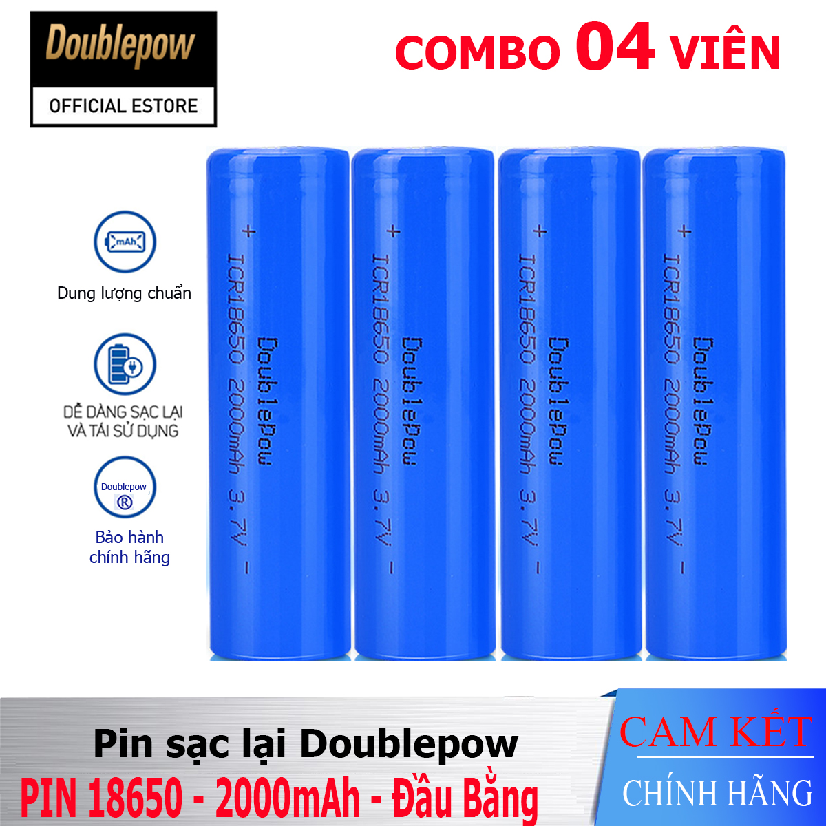 Pin sạc Lithium 18650 - 2000mAh đầu bằng Doublepow, pin dung lượng thực