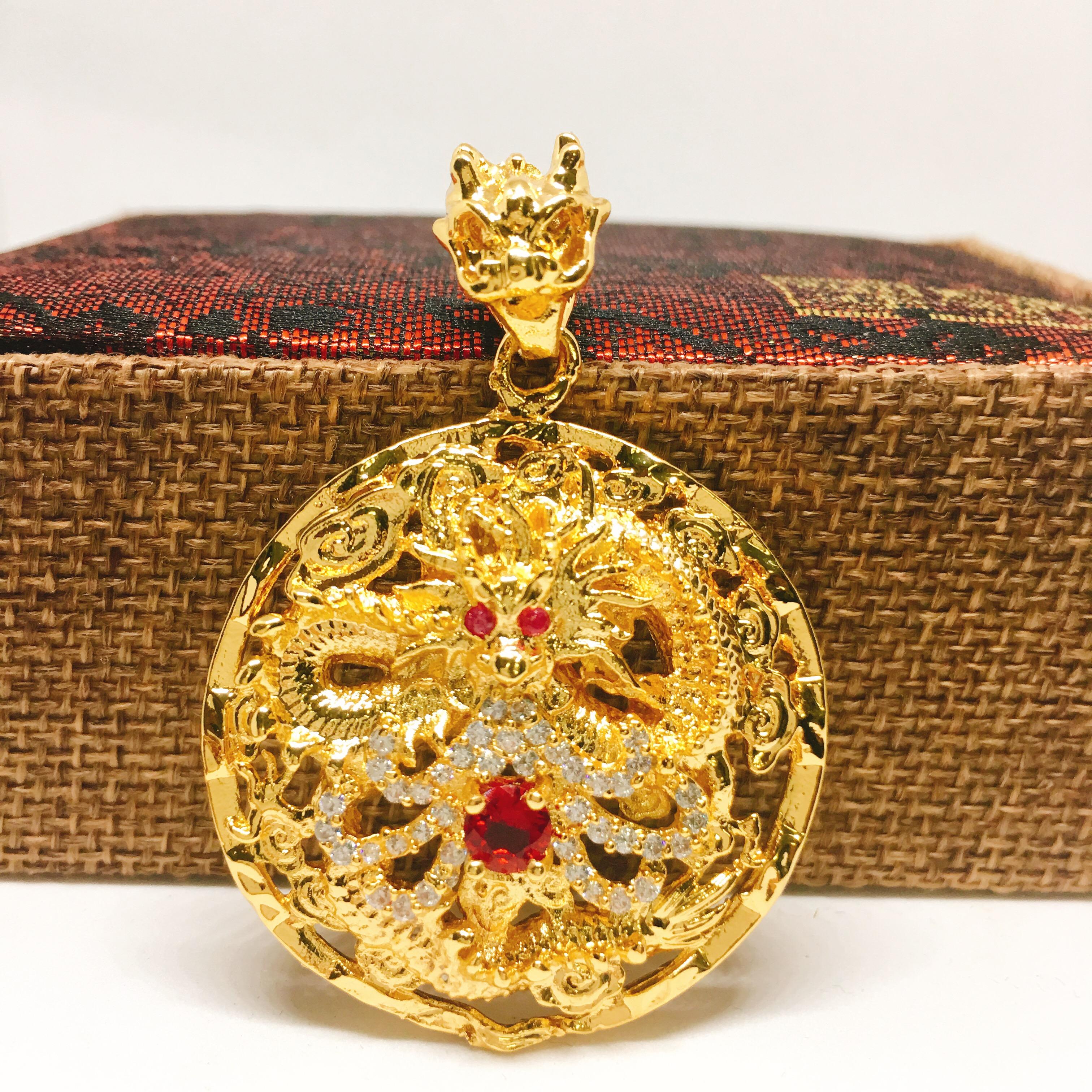 Mặt dây chuyền bạc Thái mạ vàng Thiên Long tròn đính đá, mặt vòng cổ phong thủy, mặt dây chuyền vàng ( màu vàng)