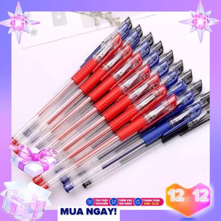 Sét 15 bút bi mực nước viết êm đều mực không lem tay sẵn 3 màu xanh đen đỏ đồ dùng học sinh văn phòng phẩm