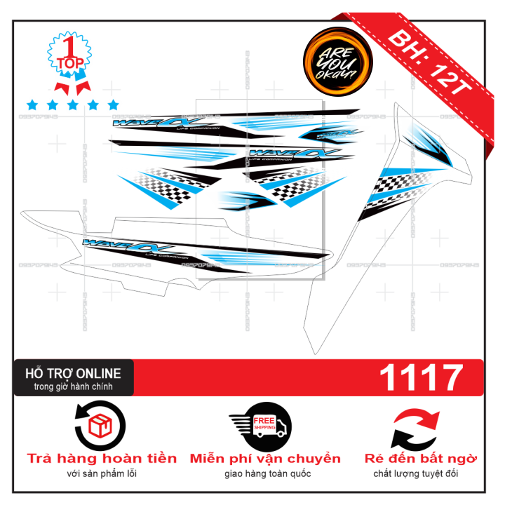 Tem rời dán xe wave a 2017 trắng xanh