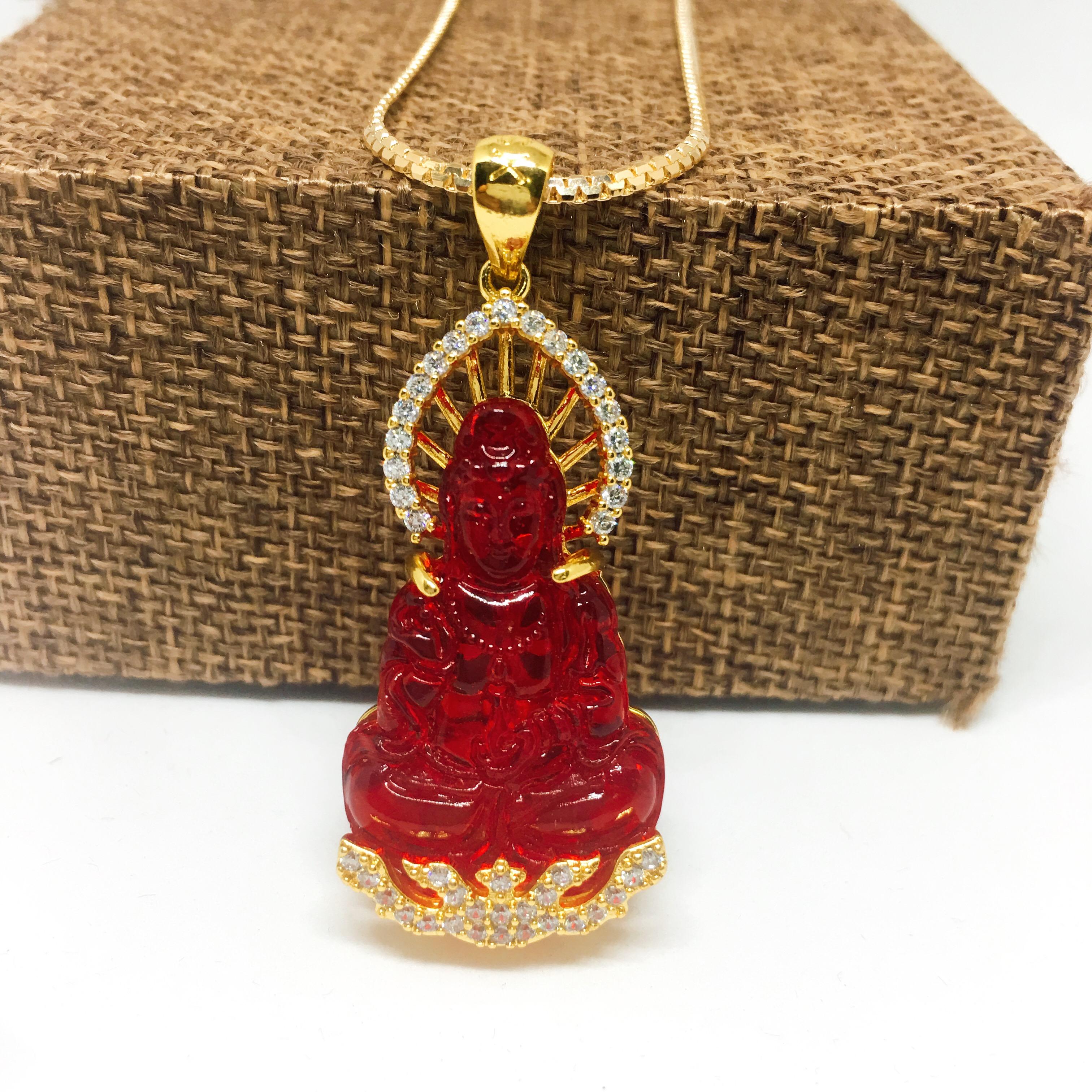 Dây chuyền nữ mặt Quan Âm đá LAMASIA bọc bạc Thái mạ vàng đính đá, trang sức phong thủy, may mắn, tài lộc, trang sức cao cấp (dây và mặt) (màu đỏ)