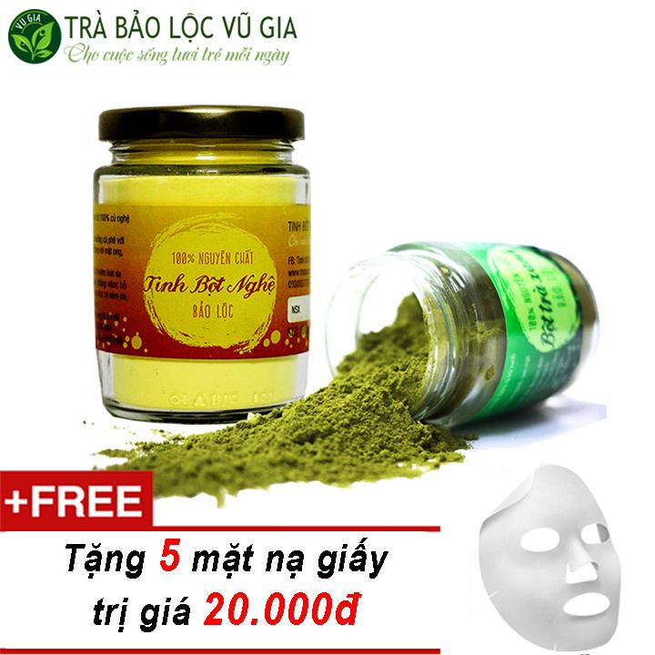 Combo Bột Trà Xanh + Tinh Bột Nghệ - Nguyên Chất Vũ Gia (100g) + Tặng 5 Mặt nạ giấy cao cấp - Đắp mặt nạ, tẩy tế bào chết, đánh bay mụn phục hồi tổn thương sau mụn