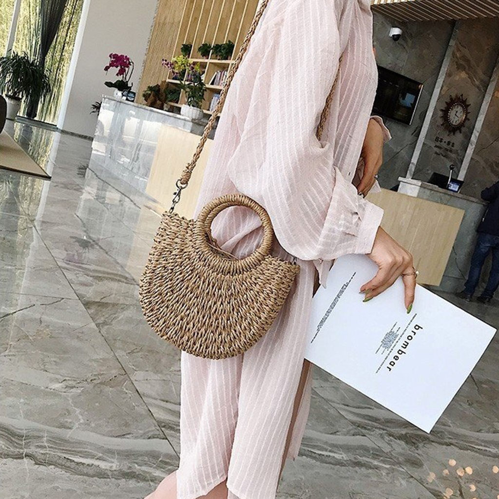 Bag beach Rattan woven shoulder strap portable or cross/bag rush female semi-circle travel calendar form hard color cream and brown vintage style