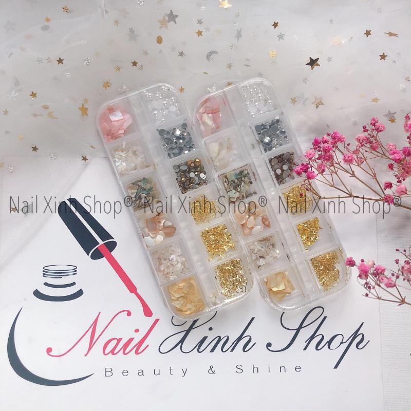 Khay nail 12 ô trang trí móng tay, phụ kiện nail hot 2020 ( hộp 12 ô, mix xà cừ,đá, icon 3D, hoa) nhập khẩu