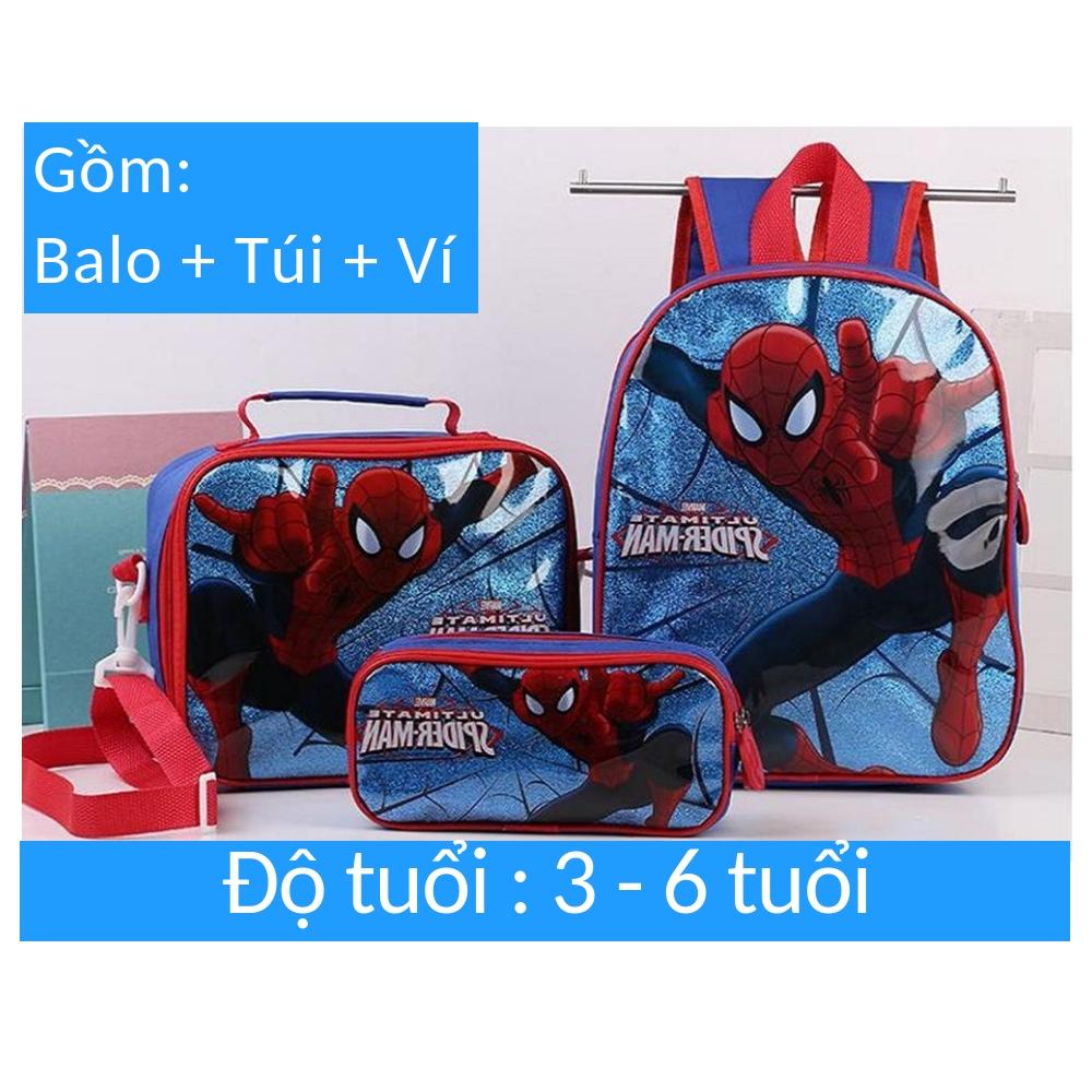 Set Balo +Túi+Ví cho bé 3-12 tuổi hình Người Nhện 3D 2 ngăn M46004