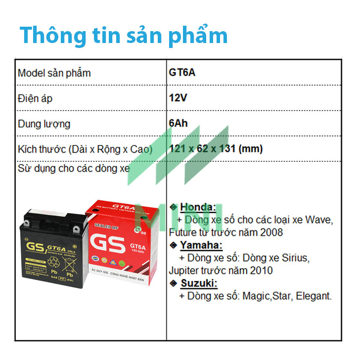 Bình ắc quy khô GS GT6A (12V-6Ah)