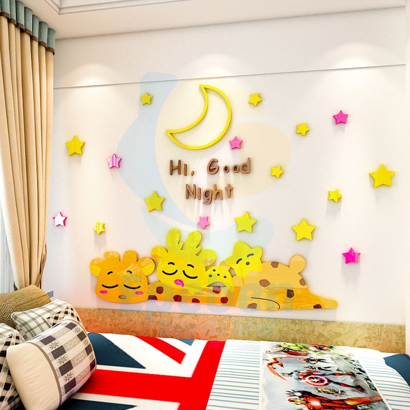 Tranh mica EPeBen dán tường nổi 3d hình các bạn hươu đang ngủ decor trang trí mầm non, phòng cho bé