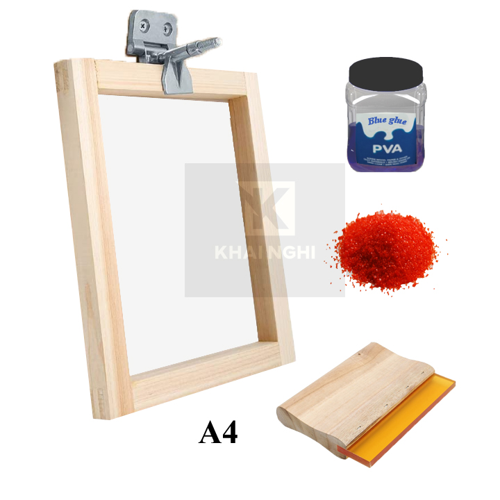Bộ Kit in lụa Silk screen khổ A4 bao gồm: Khung lụa, keo xanh, chất nhạy sáng, dao gạt, kẹp khung