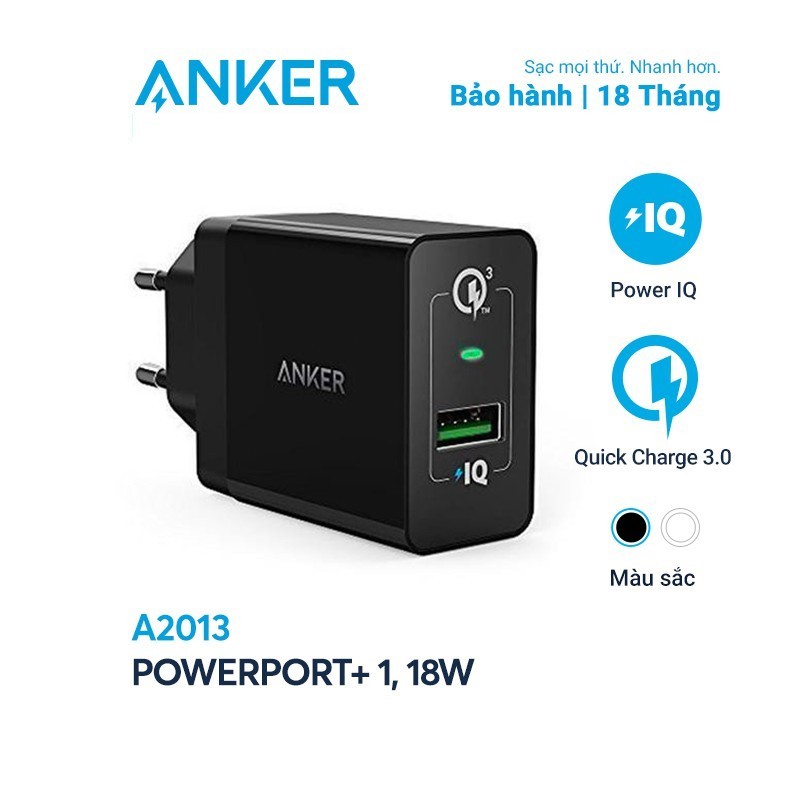 Sạc ANKER PowerPort+ 1 cổng Quick Charge 3.0 có PowerIQ 18W - A2013