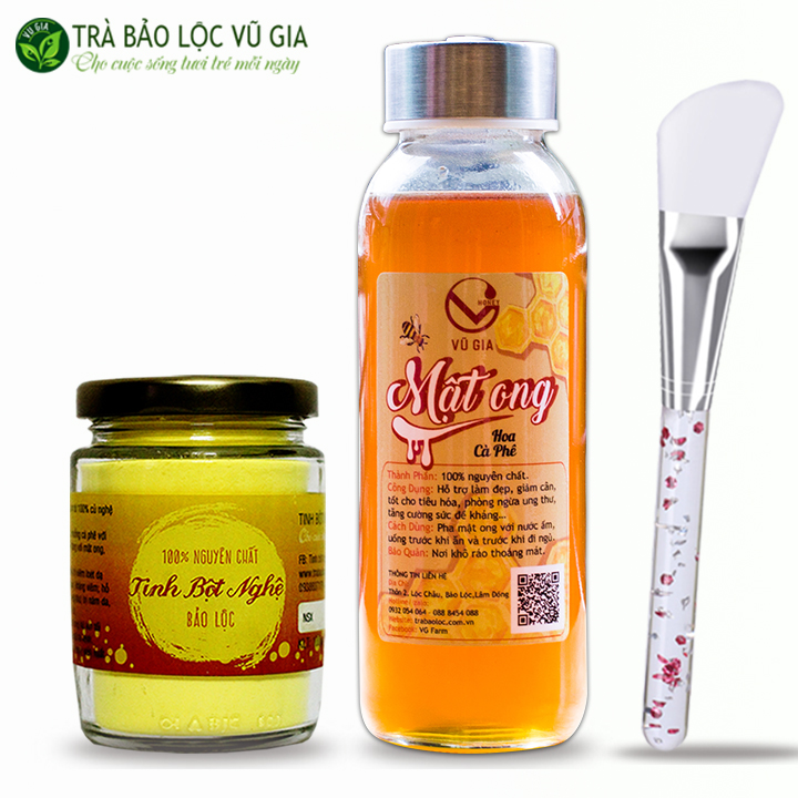̉Combo Mật Ong Hoa Cà Phê 420g + Tinh Bột Nghệ 100g - Nguyên Chất Bảo Lộc Vũ Gia + Tặng Cọ Quét Mặt Nạ Silicon Cao Cấp - Hỗ trợ dạ dày, tiêu hóa, làm đẹp, dưỡng da xóa mờ tàn nhang thâm nám - Đã được kiểm nghiệm y tế