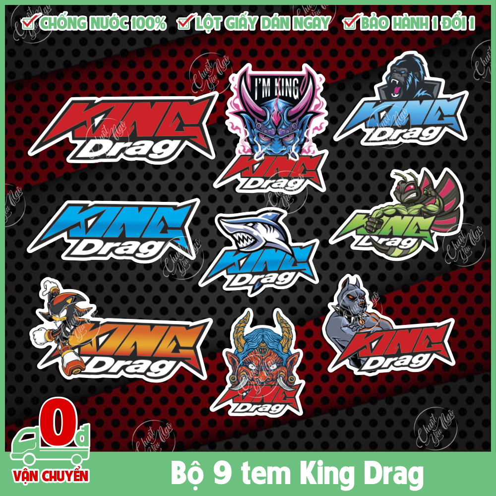 Bộ 9 tem decal King Drag chống nước chất lượng cao dán xe trang trí nón bảo hiểm