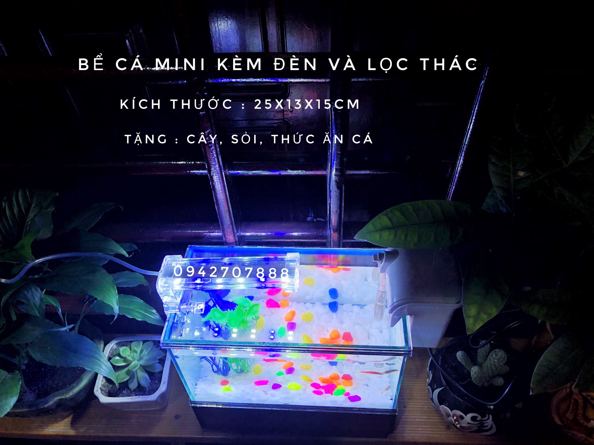 Set bể cá mini 25x13x15cm và đèn led 4w + lọc thác( tặng cây + sỏi + thức ăn)