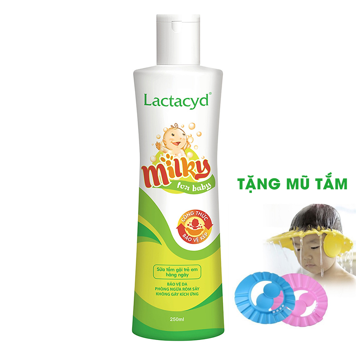Sữa tắm cho bé Lactacyd Milky 250ml giúp tắm gội sạch sẽ phòng ngữa rôm sẩy, không gây kích ứng. Tặng mũ tắm.