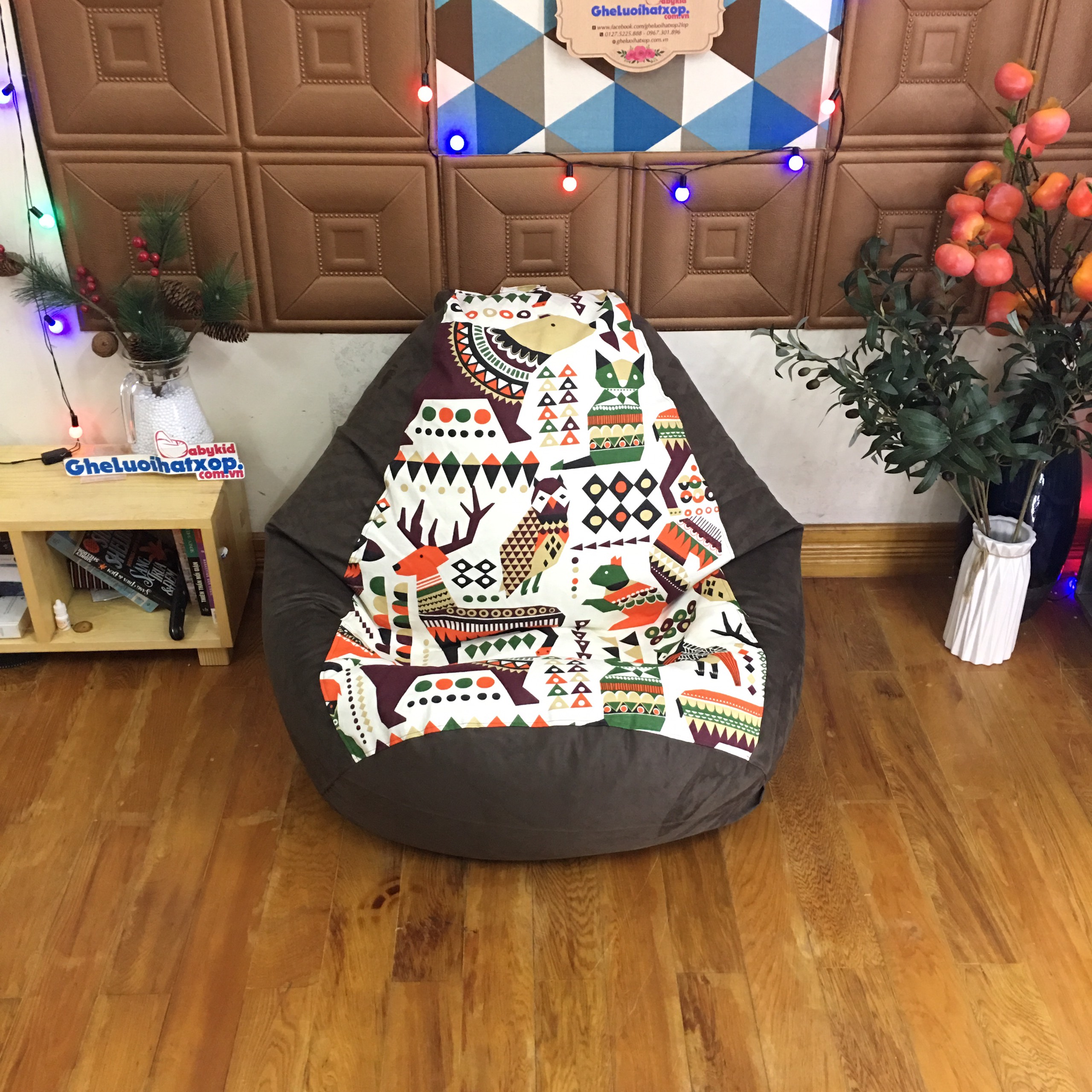 Ghế lười dáng lê họa tiết hình thú size L (90x120cm)