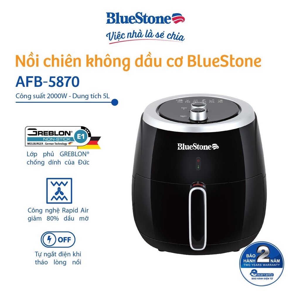 [HCM]Nồi chiên không dầu BlueStone AFB-5870 (5L) - Công nghệ chiên nướng đối lưu Rapid Air- Công suất 2000W Hàng chính hãng