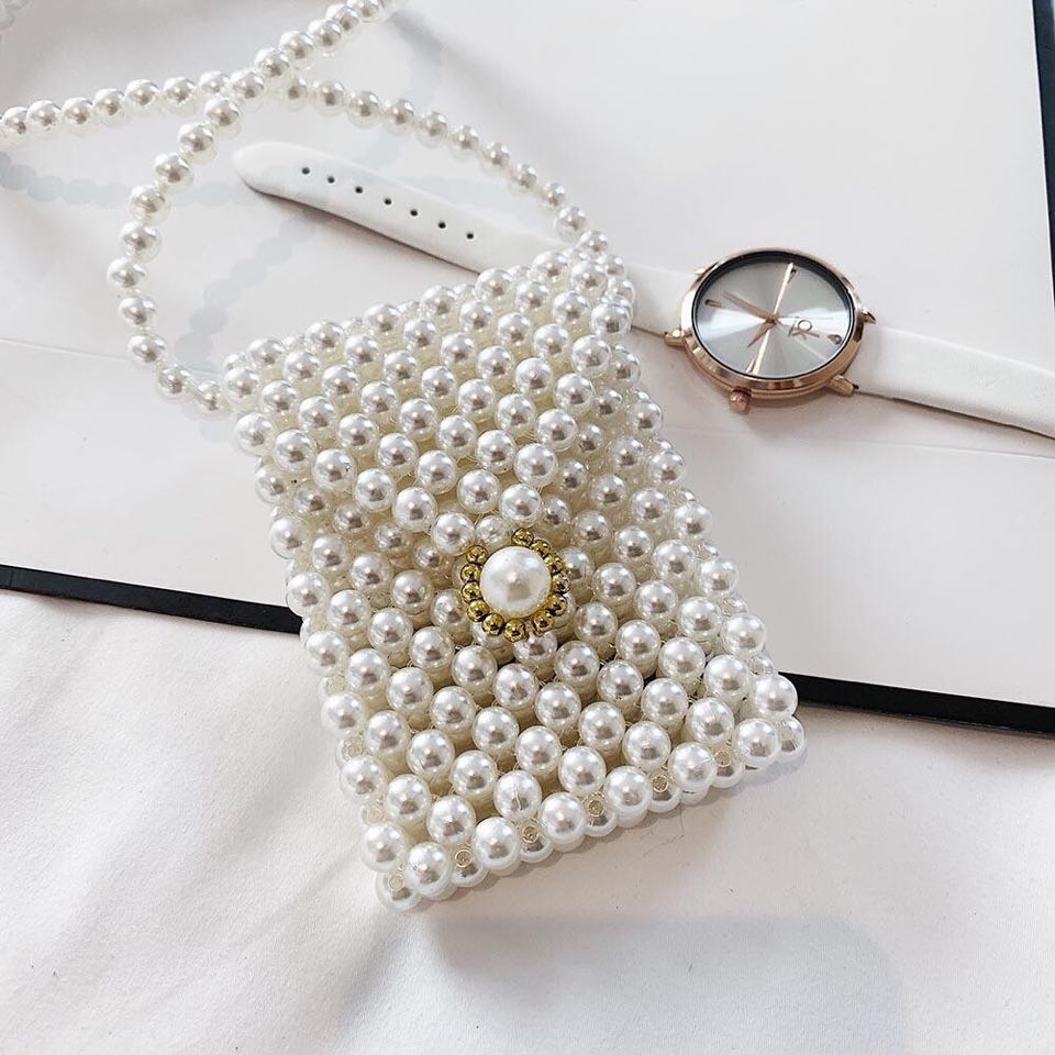 Túi đeo chéo mini nữ hình bì thư kết hạt ngọc nữ tính