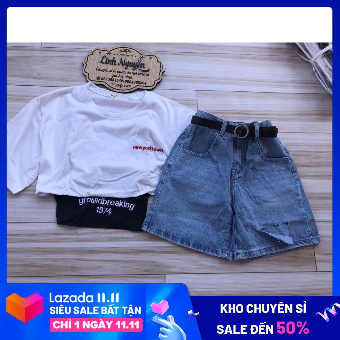 QUẦN NGỐ RÁCH + SET ÁO CROPTOP TRẮNG