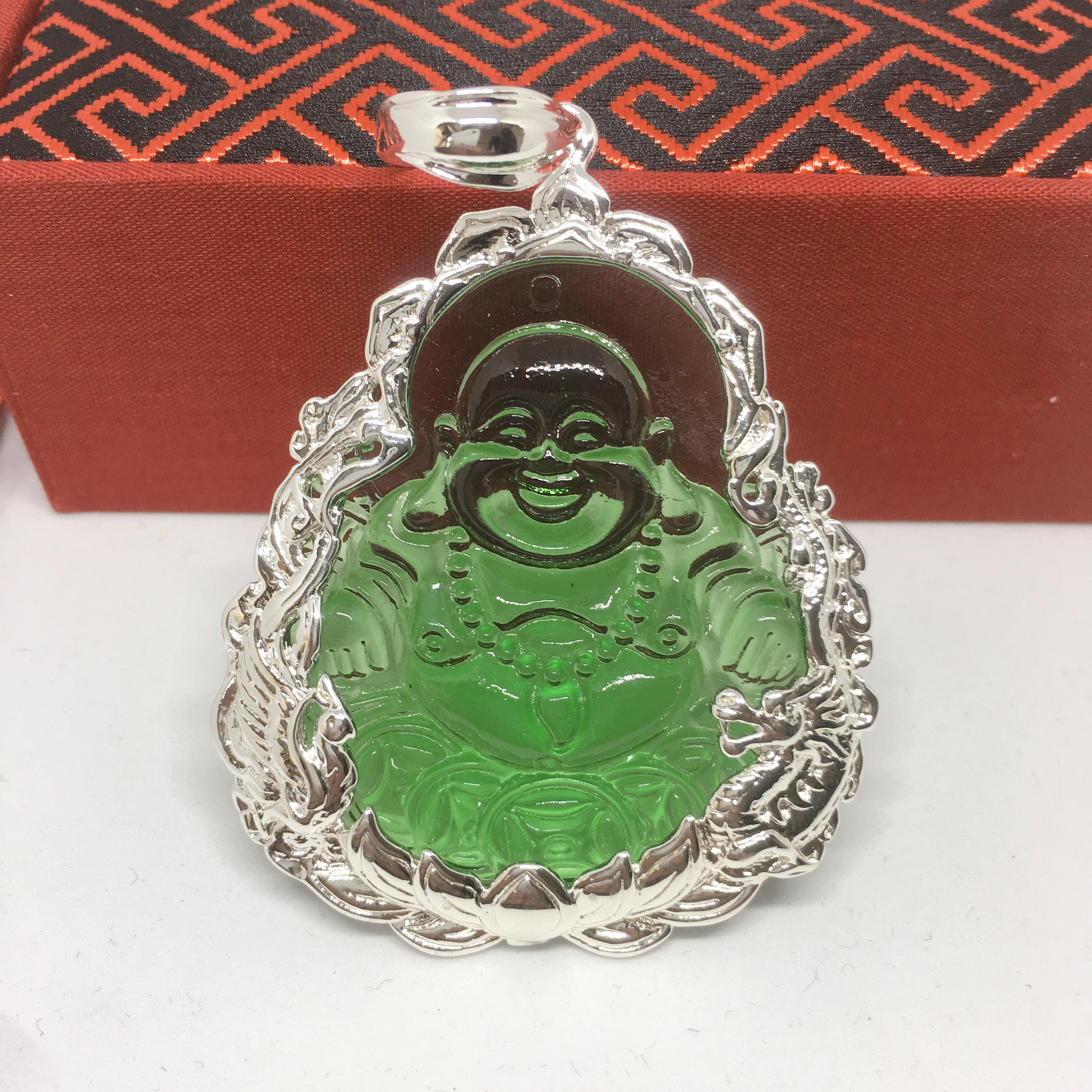 Mặt Dây Chuyền Vip Bạc Thái Di Lạc Đá Obsidian Bọc Bọc Rồng Phượng, Mặt Dây Chuyền Bạc Ý, Dây Chuyền Phong Thủy ( Màu Xanh)