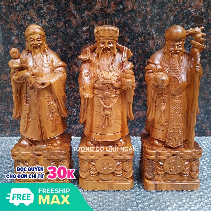 Tượng tam đa phúc lộc thọ gỗ bách xanh cao 30 cm
