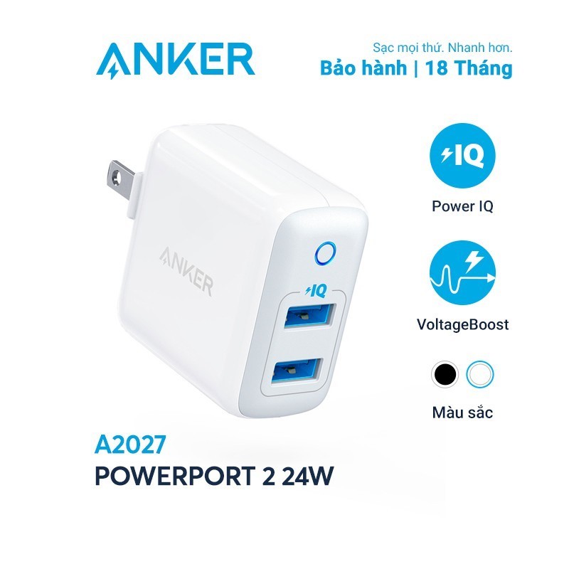 [FREESHIP]Sạc ANKER PowerPort II 2 cổng PowerIQ 24W - A2027 - Hàng Chính hãng - Củ sạc iphone