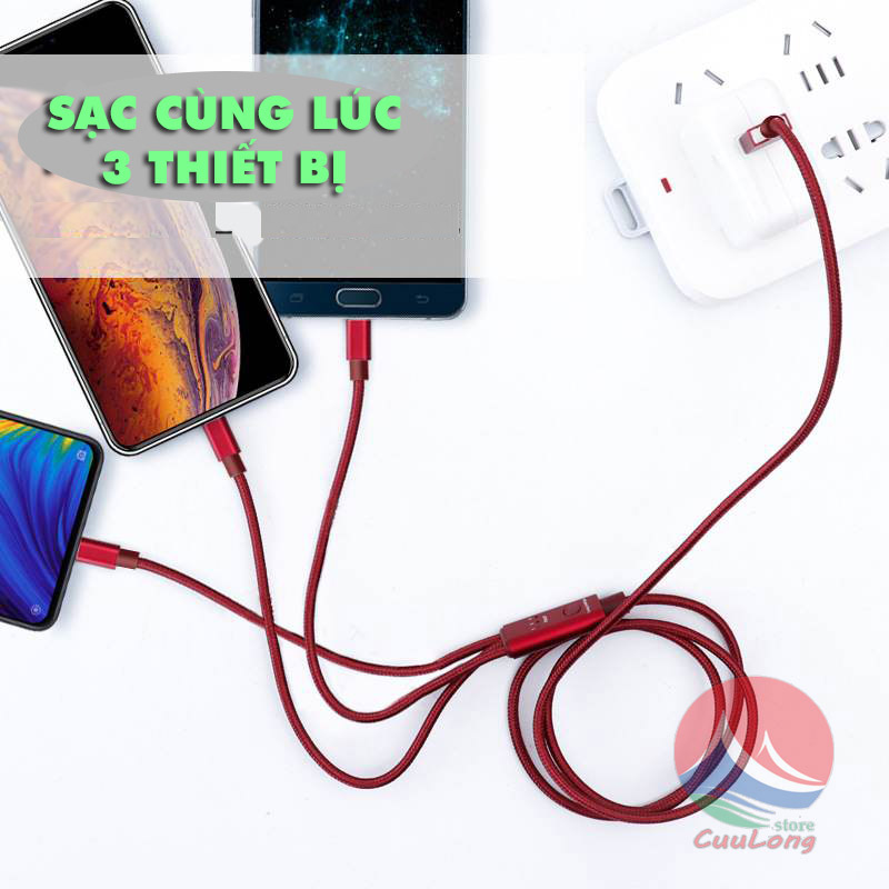 Cáp Sạc Tự Ngắt Hẹn Giờ Thông Minh 3H, 3 Đầu Đa Năng Lightning Type C Micro USB Chống Chai Pin, dây sạc tự ngắt an toàn sạc ban đêm