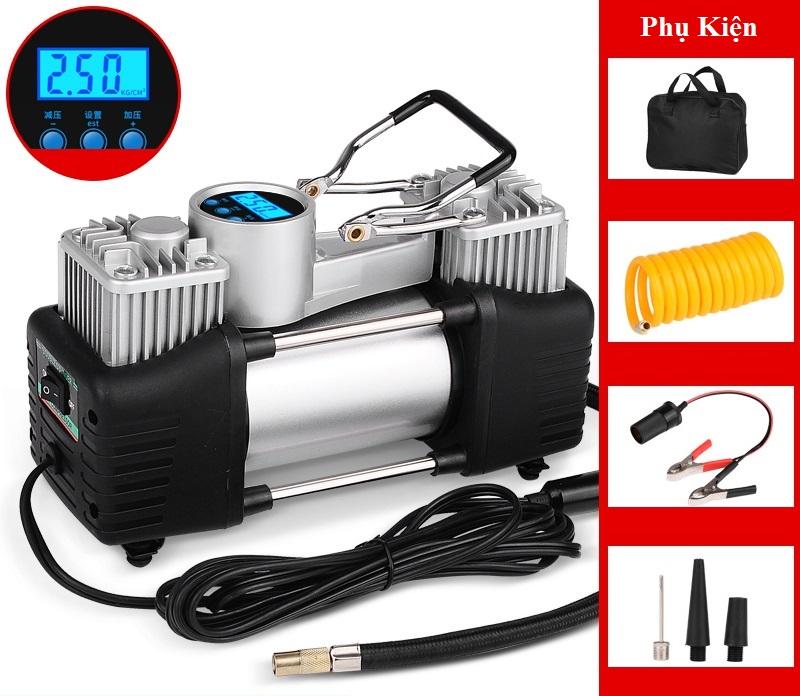 Bơm ô tô 2 xi lanh cài mức áp suất điện tử tự ngắt - bơm ô tô hai xy lanh 2 phút đầy bánh - bơm 2 xilanh