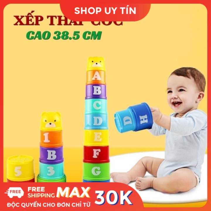 Đồ Chơi Trẻ Em Thông Minh Cốc Xếp Chồng 9 Tầng Cao 39 Cm Cho Bé Học Phân Biệt Màu Sắc, Số Chữ Và So Sánh Cao Thấp Lớn Bé