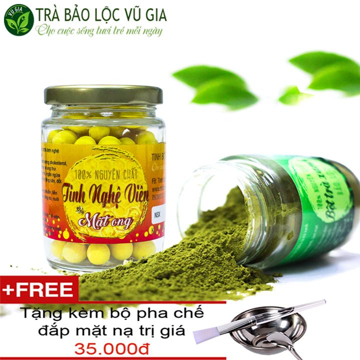 Combo Tinh Nghệ Viên Mật Ong + Bột Trà Xanh - Nguyên Chất Vũ Gia (100g/hũ) + Tặng Bộ đắp mặt nạ inox - Đắp mặt dưỡng da, tẩy tế bào chết, xóa mờ thâm nám tàn nhang hiệu quả - Đã được kiểm nghiệm y tế