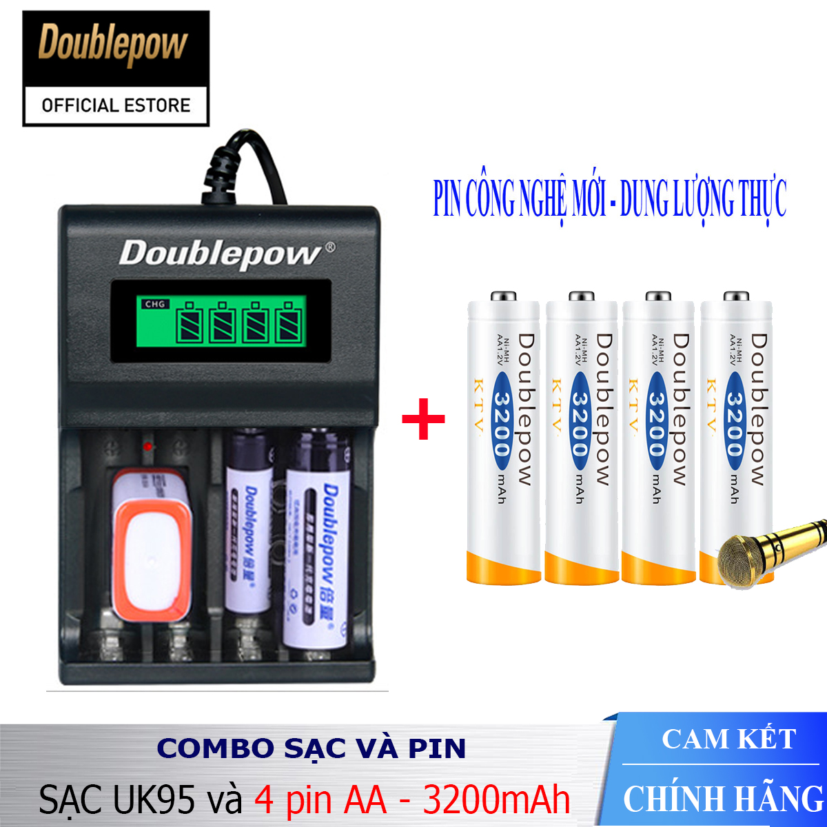 Combo sạc pin thông minh tự ngắt Doublepow DP-UK95 và 4 viên pin AA 3200mAh (pin công nghệ mới)- Bảo hành chính hãng